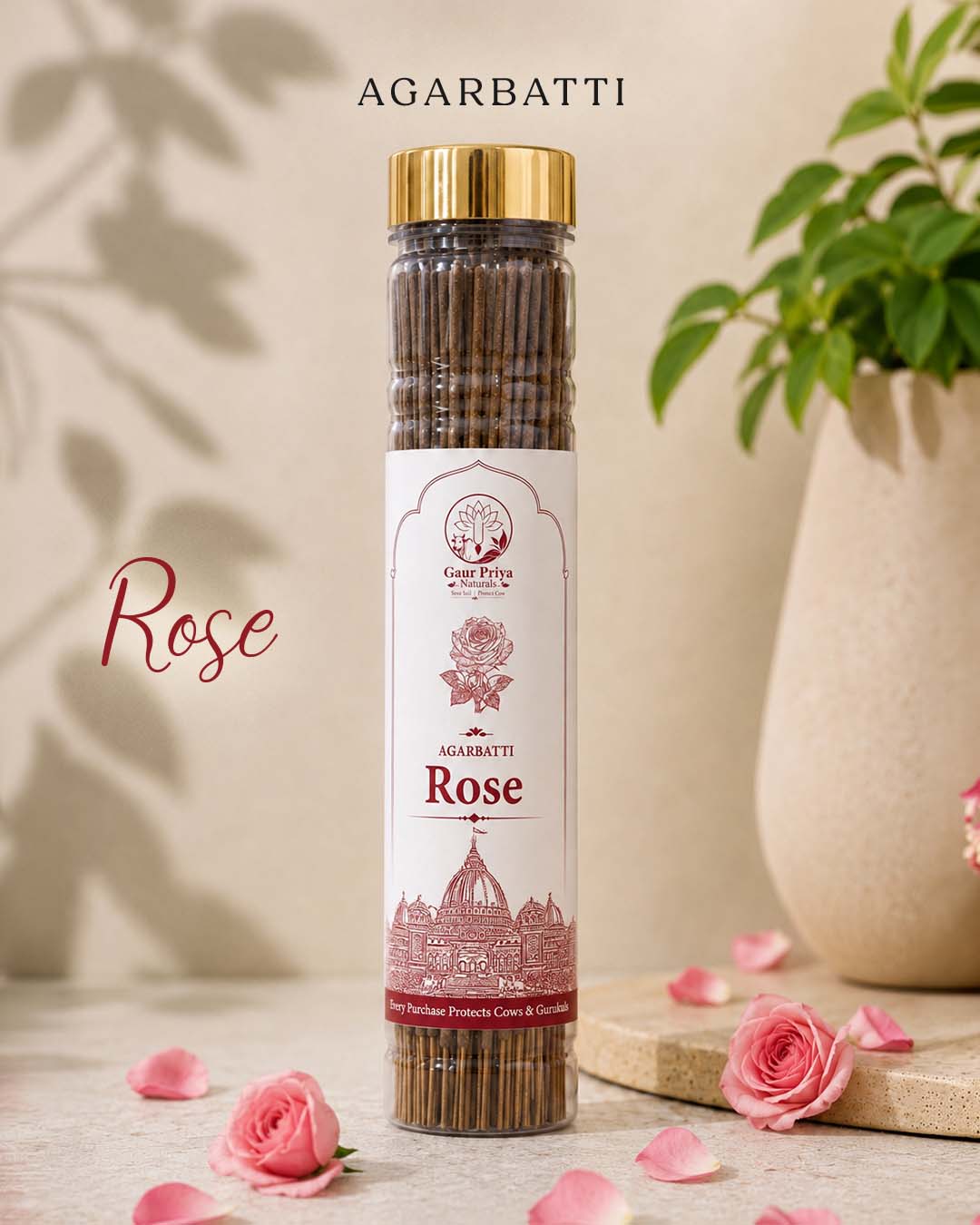 Rose Agarbatti by Gaur Priya Naturals, 100 g jar with a gold screw cap