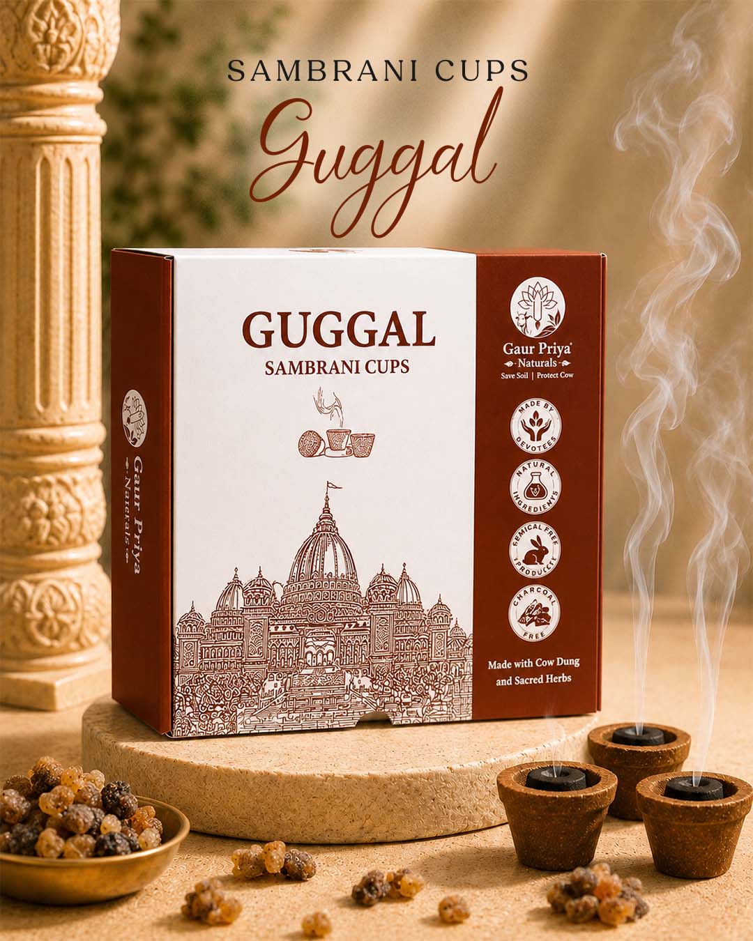 Guggal Sambrani Cups by Gaur Priya Naturals, pack of 12 cups with a cup holder